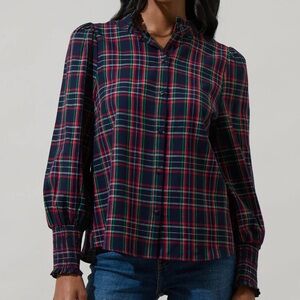Sugarlips M Chapman Navy Red Plaid Ruffle Blouse Button Down